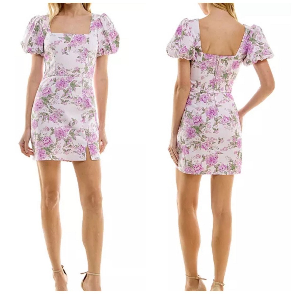 Trixxi Womens Floral Puff Sleeve Square Neck Mini Dress Pink Purple XL